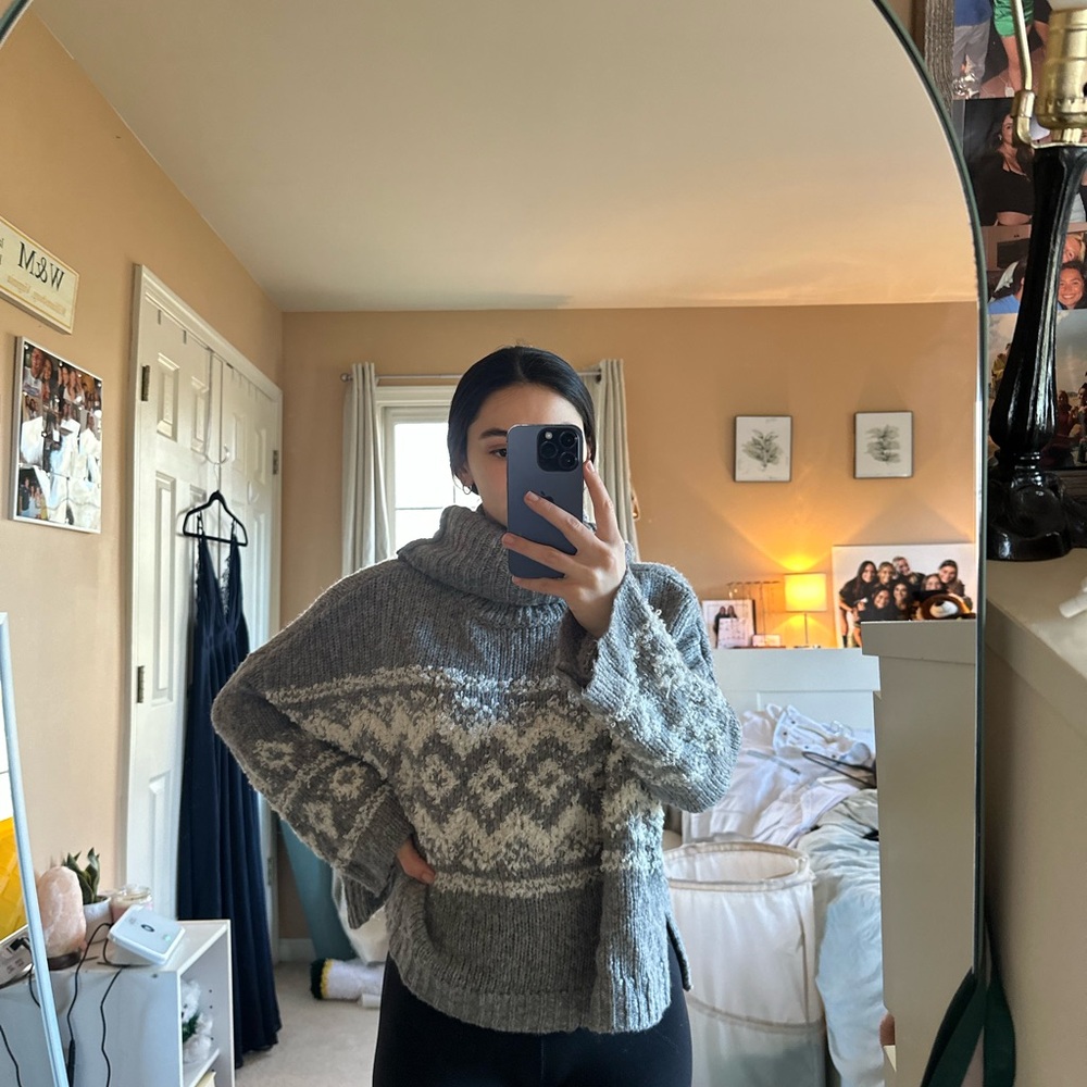 Free People Gray and Cream Cowl Neck Sweater